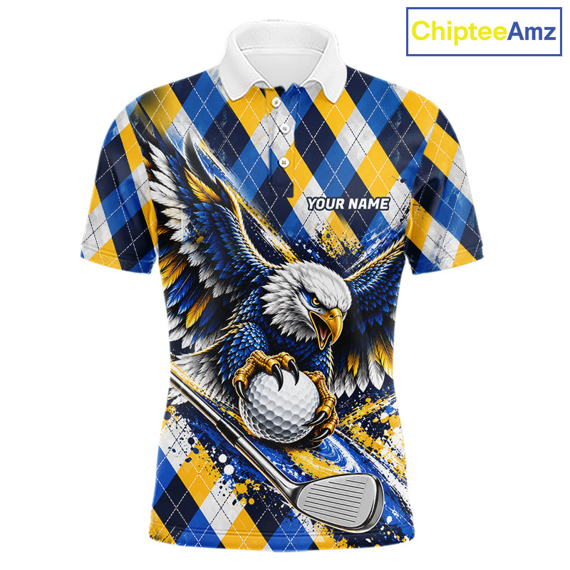 Blue & Yellow Argyle Pattern Eagle Golf Polo Shirt Custom Argyle Golf Team Golf Jersey For Men NYN5035