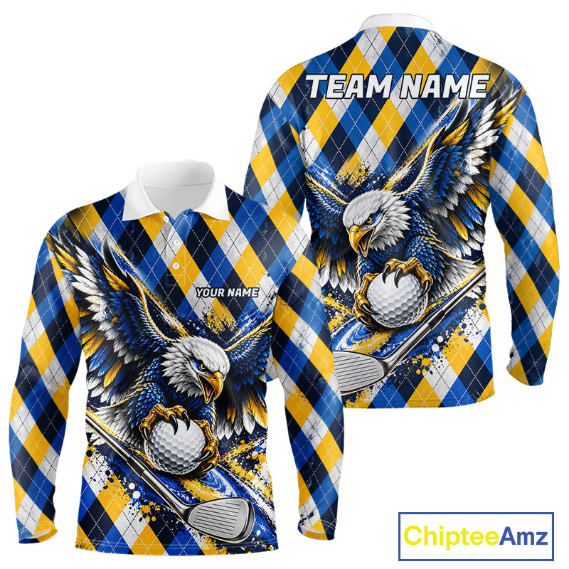 Blue & Yellow Argyle Pattern Eagle Golf Polo Shirt Custom Argyle Golf Team Golf Jersey For Men NYN5035