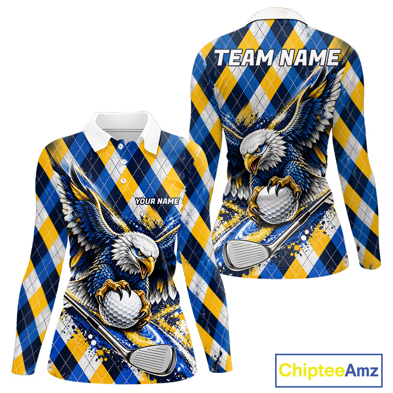 Blue & Yellow Argyle Pattern Eagle Golf Polo Shirt Custom Argyle Golf Team Golf Jersey For Women NYN5035