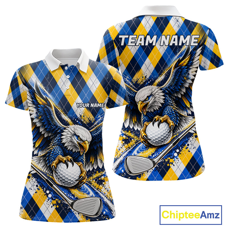 Blue & Yellow Argyle Pattern Eagle Golf Polo Shirt Custom Argyle Golf Team Golf Jersey For Women NYN5035