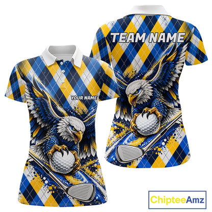 Blue & Yellow Argyle Pattern Eagle Golf Polo Shirt Custom Argyle Golf Team Golf Jersey For Women NYN5035