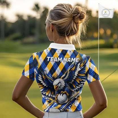 Blue & Yellow Argyle Pattern Eagle Golf Polo Shirt Custom Argyle Golf Team Golf Jersey For Women NYN5035