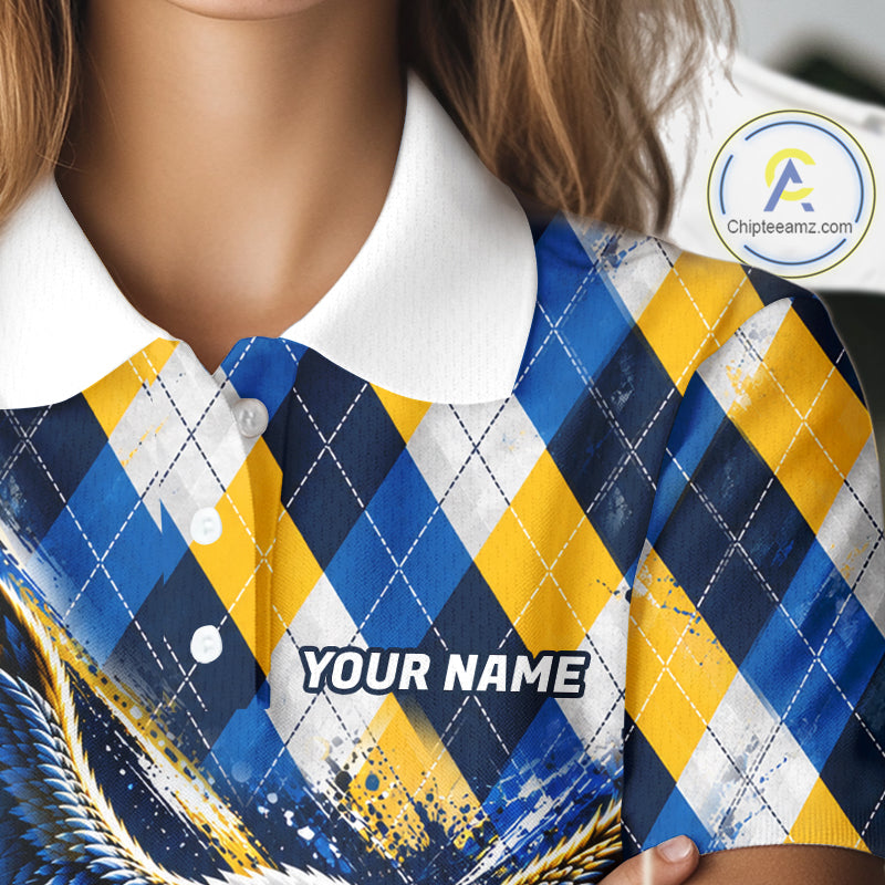 Blue & Yellow Argyle Pattern Eagle Golf Polo Shirt Custom Argyle Golf Team Golf Jersey For Women NYN5035