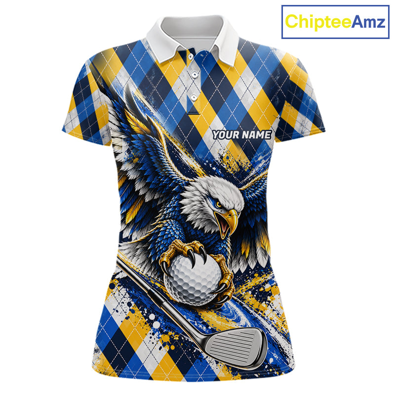 Blue & Yellow Argyle Pattern Eagle Golf Polo Shirt Custom Argyle Golf Team Golf Jersey For Women NYN5035