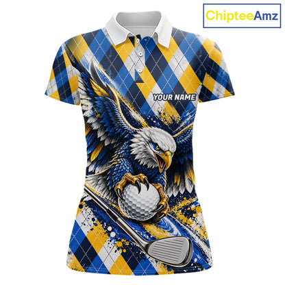 Blue & Yellow Argyle Pattern Eagle Golf Polo Shirt Custom Argyle Golf Team Golf Jersey For Women NYN5035