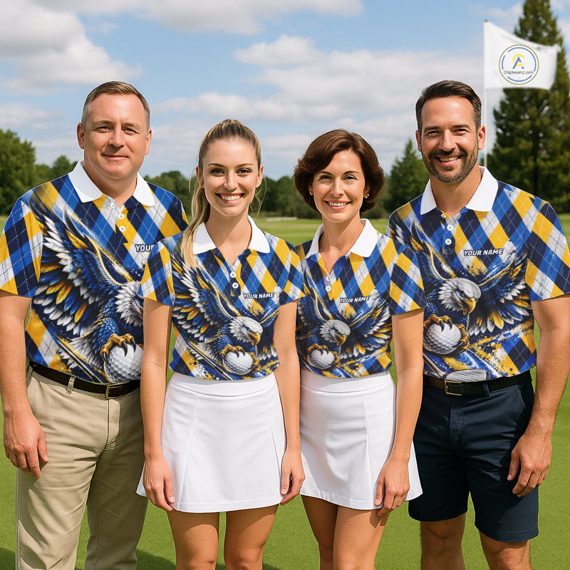 Blue & Yellow Argyle Pattern Eagle Golf Polo Shirt Custom Argyle Golf Team Golf Jersey For Men NYN5035