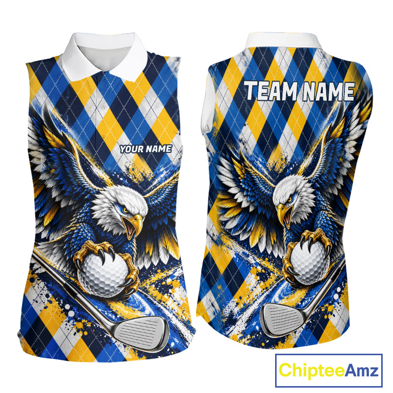 Blue & Yellow Argyle Eagle Golf Sleeveless Polo Shirt Custom Argyle Golf Team Golf Jersey For Women NYN5035