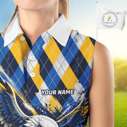 Blue & Yellow Argyle Eagle Golf Sleeveless Polo Shirt Custom Argyle Golf Team Golf Jersey For Women NYN5035