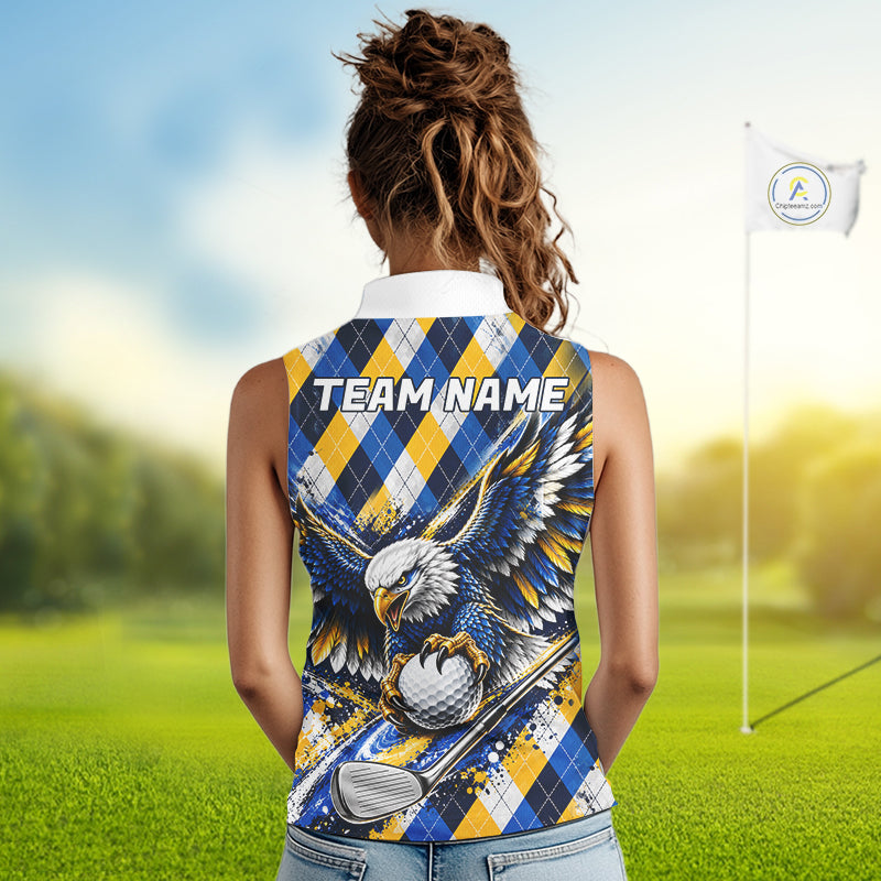 Blue & Yellow Argyle Eagle Golf Sleeveless Polo Shirt Custom Argyle Golf Team Golf Jersey For Women NYN5035