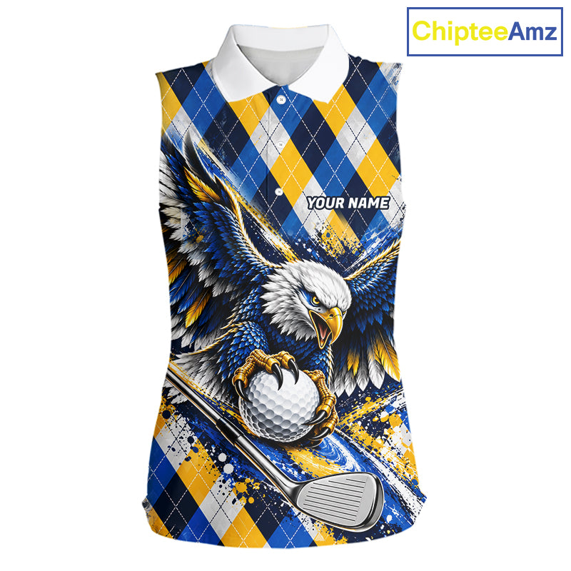 Blue & Yellow Argyle Eagle Golf Sleeveless Polo Shirt Custom Argyle Golf Team Golf Jersey For Women NYN5035