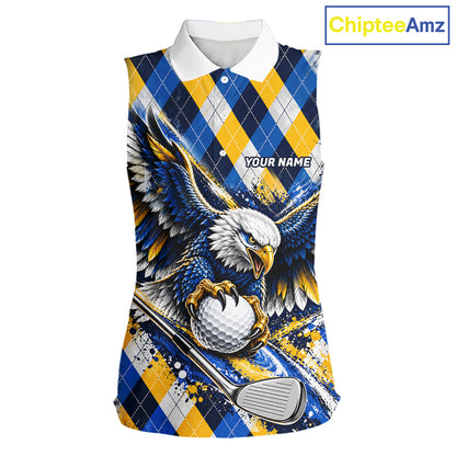 Blue & Yellow Argyle Eagle Golf Sleeveless Polo Shirt Custom Argyle Golf Team Golf Jersey For Women NYN5035