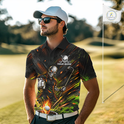 Personalized Skeleton Golf Polo Shirt For Men Flaming Golf Ball Hole Jersey Golfer Apparel Gift NYN5020