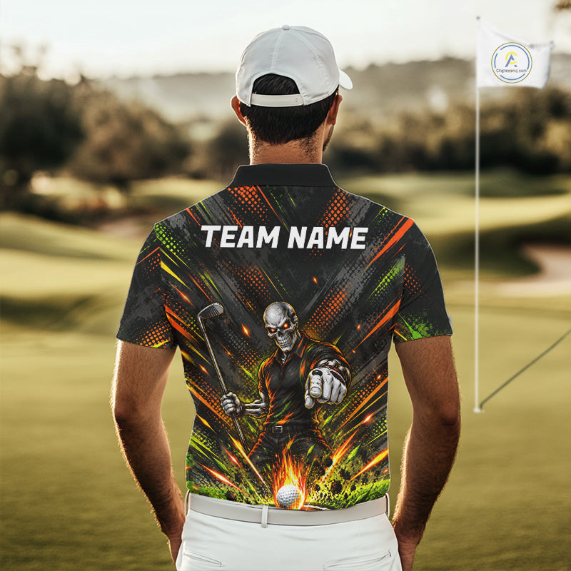 Personalized Skeleton Golf Polo Shirt For Men Flaming Golf Ball Hole Jersey Golfer Apparel Gift NYN5020