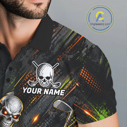 Personalized Skeleton Golf Polo Shirt For Men Flaming Golf Ball Hole Jersey Golfer Apparel Gift NYN5020