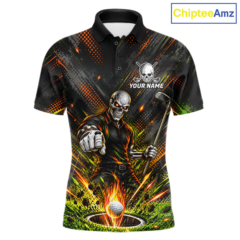 Personalized Skeleton Golf Polo Shirt For Men Flaming Golf Ball Hole Jersey Golfer Apparel Gift NYN5020