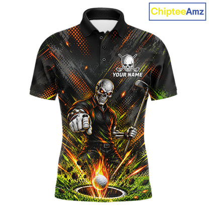 Personalized Skeleton Golf Polo Shirt For Men Flaming Golf Ball Hole Jersey Golfer Apparel Gift NYN5020