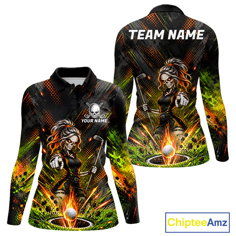Personalized Skeleton Golf Polo Shirt For Women Flaming Golf Ball Hole Jersey Golfer Apparel Gift NYN5020
