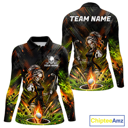 Personalized Skeleton Golf Polo Shirt For Women Flaming Golf Ball Hole Jersey Golfer Apparel Gift NYN5020