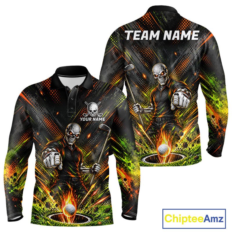 Personalized Skeleton Golf Polo Shirt For Men Flaming Golf Ball Hole Jersey Golfer Apparel Gift NYN5020