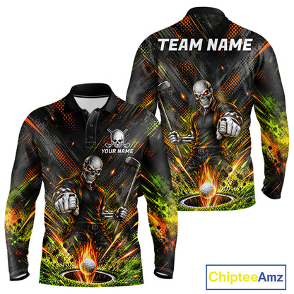 Personalized Skeleton Golf Polo Shirt For Men Flaming Golf Ball Hole Jersey Golfer Apparel Gift NYN5020