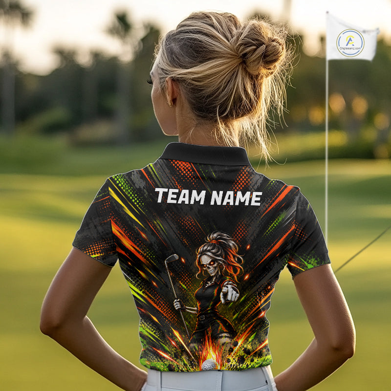 Personalized Skeleton Golf Polo Shirt For Women Flaming Golf Ball Hole Jersey Golfer Apparel Gift NYN5020