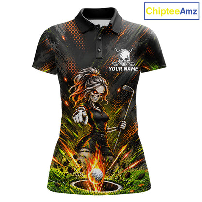 Personalized Skeleton Golf Polo Shirt For Women Flaming Golf Ball Hole Jersey Golfer Apparel Gift NYN5020