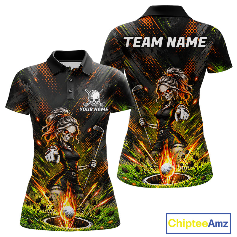 Personalized Skeleton Golf Polo Shirt For Women Flaming Golf Ball Hole Jersey Golfer Apparel Gift NYN5020