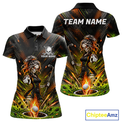 Personalized Skeleton Golf Polo Shirt For Women Flaming Golf Ball Hole Jersey Golfer Apparel Gift NYN5020