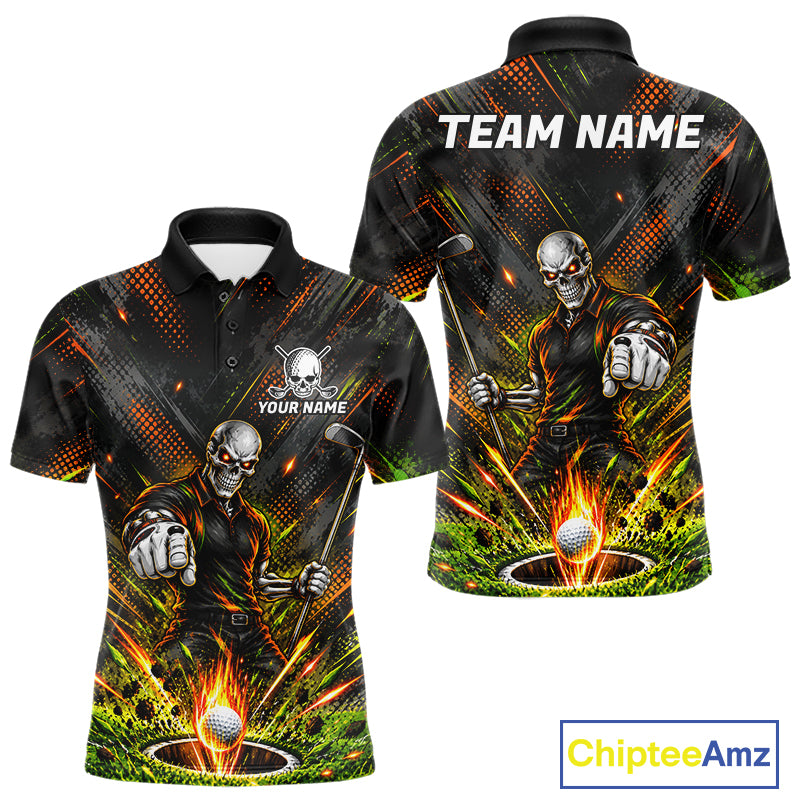 Personalized Skeleton Golf Polo Shirt For Men Flaming Golf Ball Hole Jersey Golfer Apparel Gift NYN5020