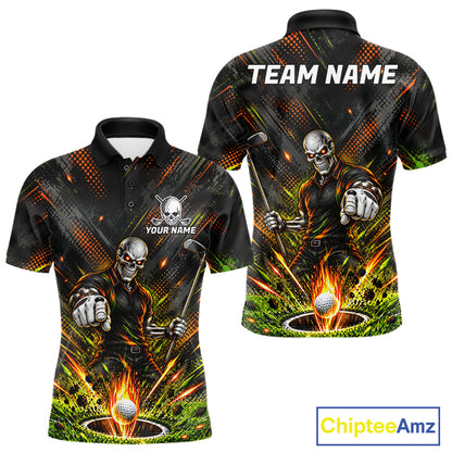 Personalized Skeleton Golf Polo Shirt For Men Flaming Golf Ball Hole Jersey Golfer Apparel Gift NYN5020