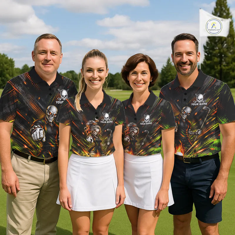 Personalized Skeleton Golf Polo Shirt For Men Flaming Golf Ball Hole Jersey Golfer Apparel Gift NYN5020