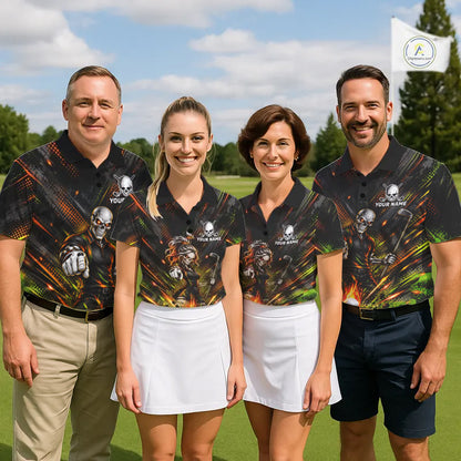 Personalized Skeleton Golf Polo Shirt For Men Flaming Golf Ball Hole Jersey Golfer Apparel Gift NYN5020