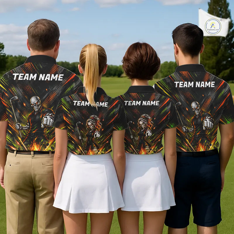 Personalized Skeleton Golf Polo Shirt For Men Flaming Golf Ball Hole Jersey Golfer Apparel Gift NYN5020