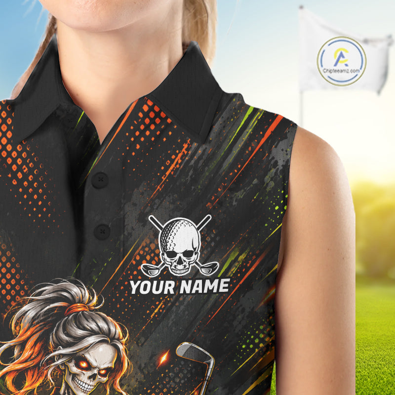Personalized Skeleton Golf Sleeveless Polo Shirt For Women Flaming Golf Ball Hole Golfer Apparel NYN5020