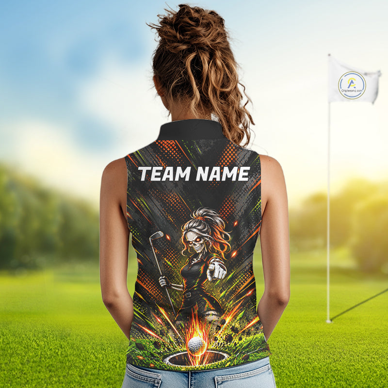 Personalized Skeleton Golf Sleeveless Polo Shirt For Women Flaming Golf Ball Hole Golfer Apparel NYN5020