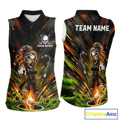 Personalized Skeleton Golf Sleeveless Polo Shirt For Women Flaming Golf Ball Hole Golfer Apparel NYN5020