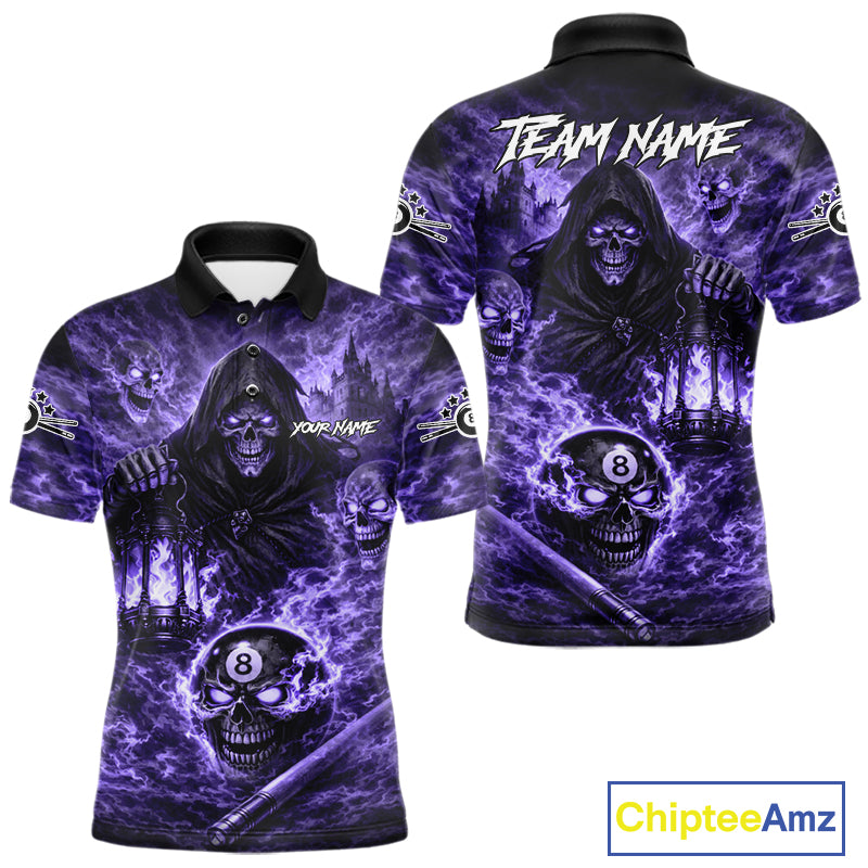 Fire Flames Purple Grim Reaper Skull 8 Ball Pool Men Billiard Shirt Personalized Billiard Team Names NYN2736