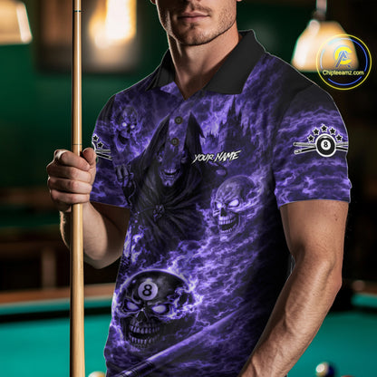 Fire Flames Purple Grim Reaper Skull 8 Ball Pool Men Billiard Shirt Personalized Billiard Team Names NYN2736