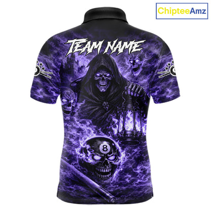 Fire Flames Purple Grim Reaper Skull 8 Ball Pool Men Billiard Shirt Personalized Billiard Team Names NYN2736