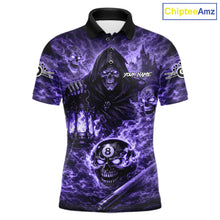 Load image into Gallery viewer, Fire Flames Purple Grim Reaper Skull 8 Ball Pool Men Billiard Shirt Personalized Billiard Team Names NYN2736