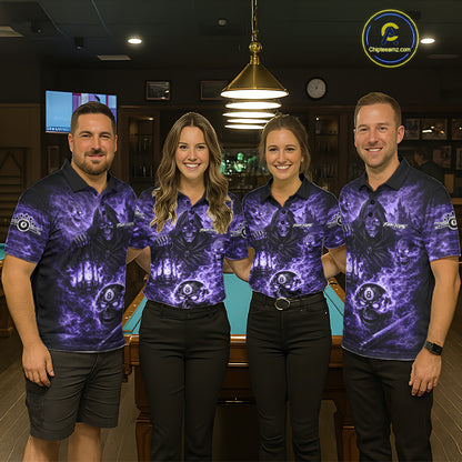 Fire Flames Purple Grim Reaper Skull 8 Ball Pool Men Billiard Shirt Personalized Billiard Team Names NYN2736