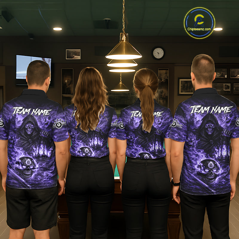Fire Flames Purple Grim Reaper Skull 8 Ball Pool Men Billiard Shirt Personalized Billiard Team Names NYN2736