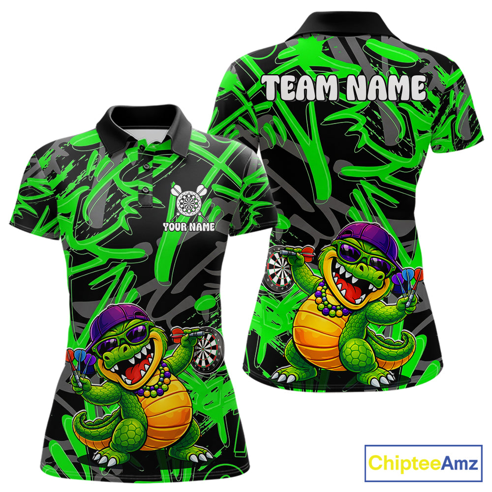 Green Grafffiti Play Darts Polo & Quarter Zip Shirt Personalized Funny Crocodile Women Darts Jersey NYN2948