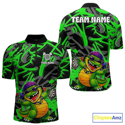 Green Grafffiti Play Darts Polo & Quarter Zip Shirt Personalized Funny Crocodile Men Darts Jersey NYN2948