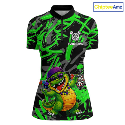 Green Grafffiti Play Darts Polo & Quarter Zip Shirt Personalized Funny Crocodile Women Darts Jersey NYN2948