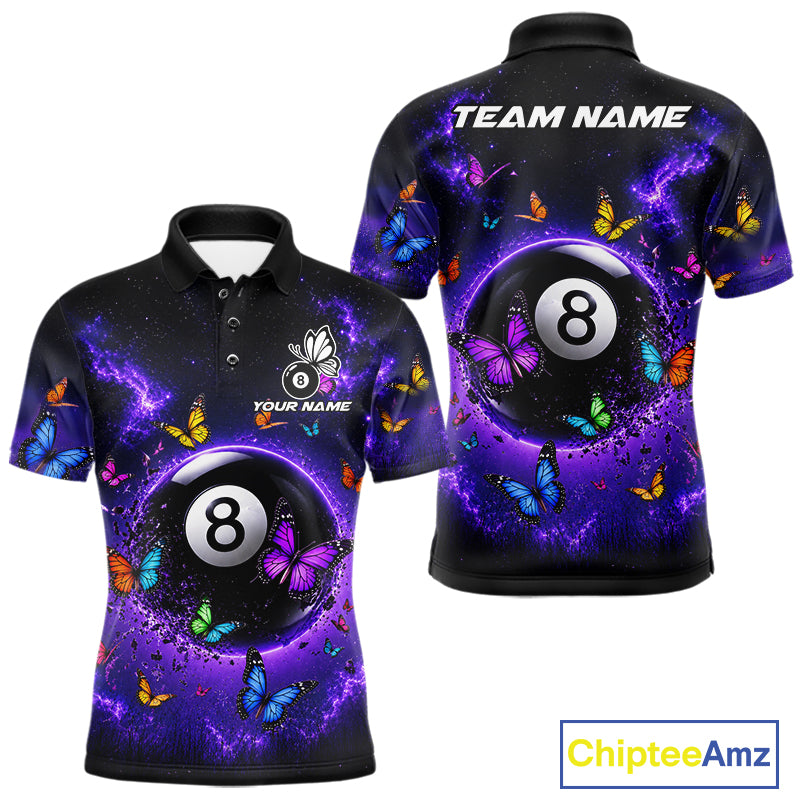 Purple Light 8 Ball Billiard Polo Shirt For Men, Butterfly Pool Team Jersey, Colorful Billiards Apparel, Personalized Pool League Shirt