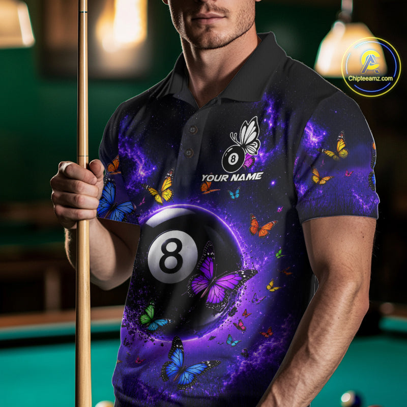 Male Pool Player Wearing Purple Butterfly 8 Ball Billiard Shirt, Colorful Pool Team Apparel