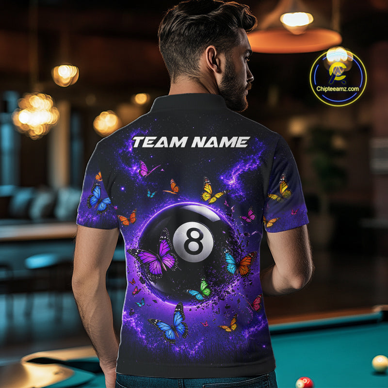 Male Pool Player Wearing Purple Butterfly 8 Ball Billiard Shirt, Colorful Pool Team Apparel