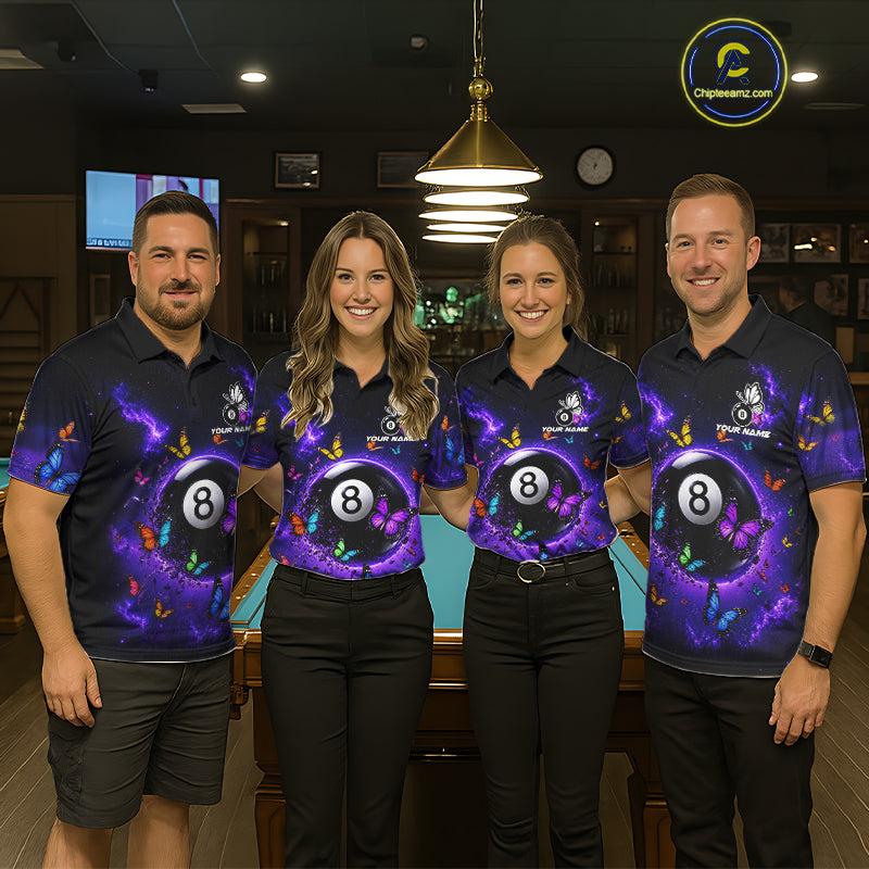 Men women billiard team wearing Purple Light 8 Ball Butterfly pool uniforms