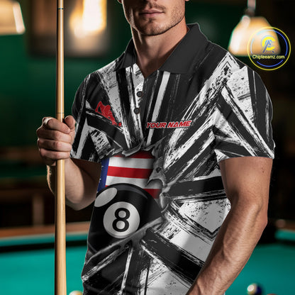 Male Pool Player Wearing Torn US Flag 8 Ball Billiard Shirt, Patriotic Pool League Apparel